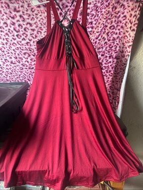 Source Unknown Strapless Lace-Up Midi Dress in Deep Red